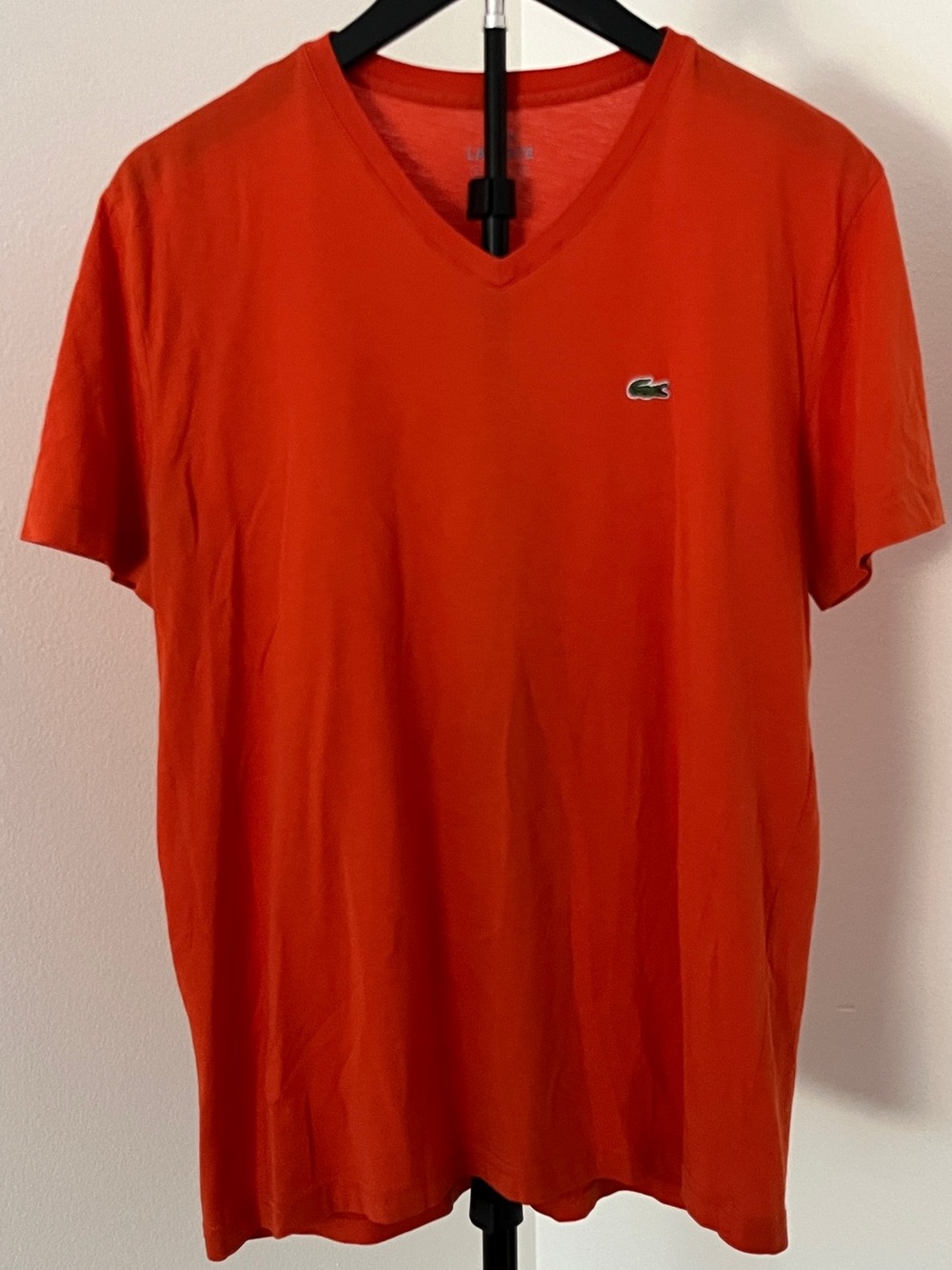 🐊 Lacoste Bright Orange Crocodile Logo Tee | Preppy V-Neck | Small